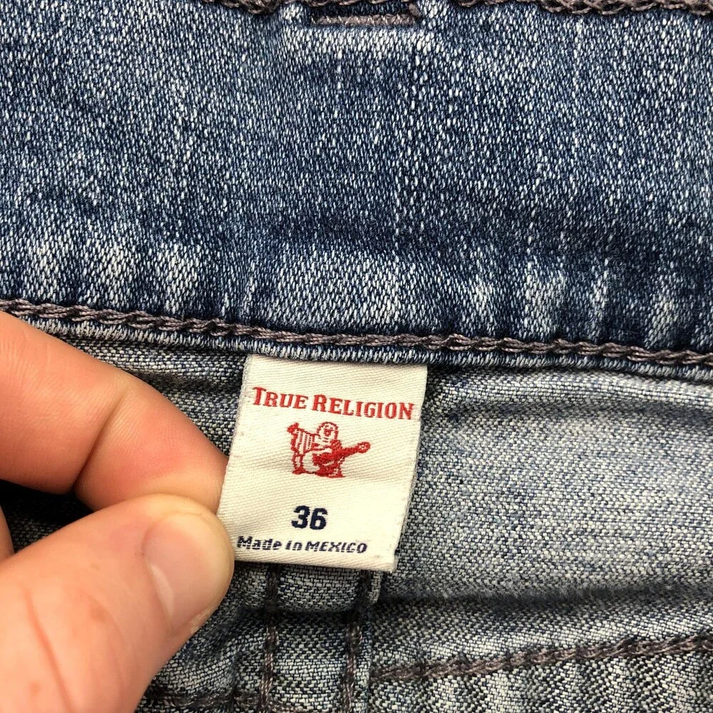 True Religion Jeans Mens 36x33 Blue Light Wash Regular Straight Moto Biker Denim